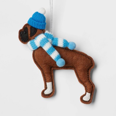 Felt Boxer Dog Wearing Hat and Striped Scarf Christmas Tree Ornament Brown/Blue - Wondershop™