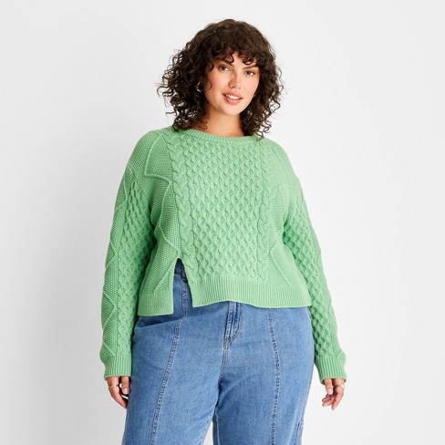 Women's Cropped Cable Knit Crewneck Sweater - Future Collective™ With Reese  Blutstein Green 2x : Target