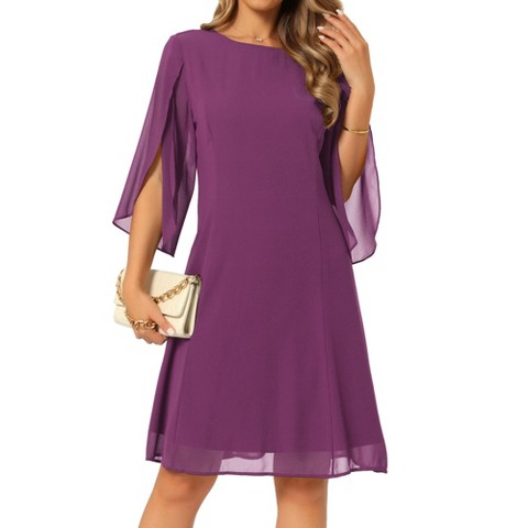 Женские платья INSPIRE CHIC Women's Chiffon Summer 3/4 Sleeve Crewneck Flowy Knee Length Midi Dress Large Dark Purple