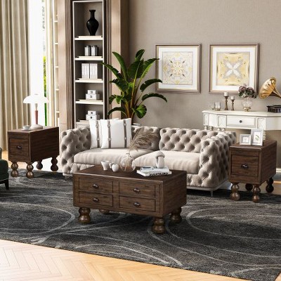 CENGHU 23.6" Rectangle Coffee Table, Narrow Side Table with Drawer, Solid Wood End Table, Vintage Bedside Table Nightstand for Living Room, Bedroom
