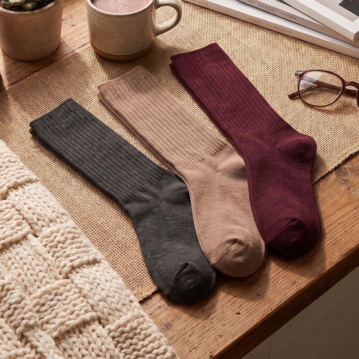Anna-Kaci Women's 3-Pair Tall Ribbed Knit Crew Socks Set, Soft Slouchy Mid-Calf Casual Socks - thumbnail 7