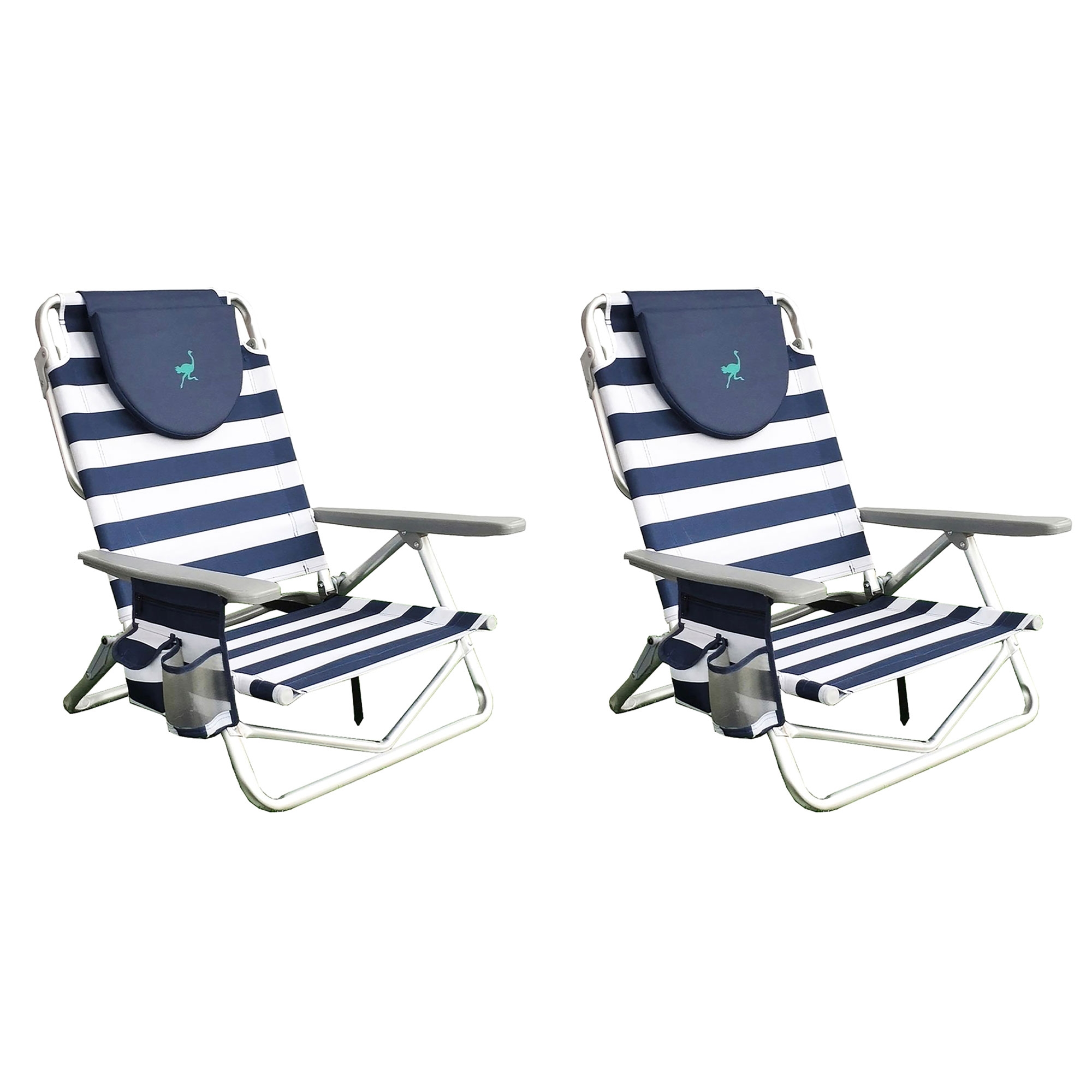 Ostrich On-Your-Back Portable Lightweight Sand Beach 6" Off-The-Ground Lounge Chair with 5 Adjustable Positions, Blue and White (2 Pack)