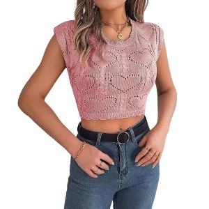 BLUEMING Womens Knit Sweater Cropped Tank Tops Pleated Neck Crochet Heart Hollow Out Sleeveless Going Out Tops - 1 of 4