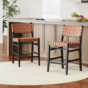 24.25" PU Leather Armless Counter Stool (Set of 2) with Leather Cross-Woven Back and Padded Seat for Kitchen, Dining Room - 1 of 4