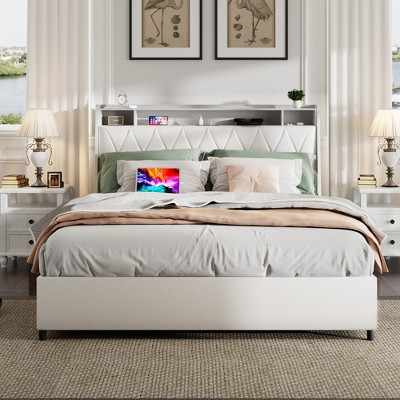 YONWAY Full Bed Frame With 4 Storage Shelf, Frame Built-In Socket And Charger Noise-Free, Ergonomic Headboard, No Box Spring Needed