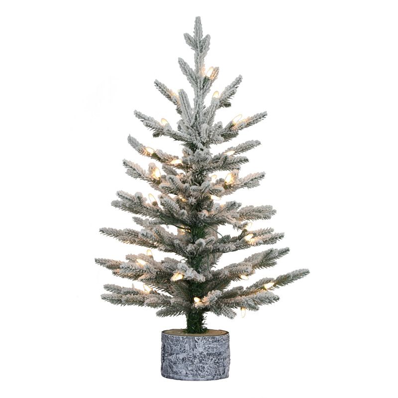 2ft Puleo Pre-Lit Flocked Potted Slim Artic Fir Artificial Christmas Tree Clear Lights, 1 of 5