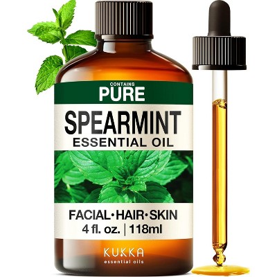 Spearmint Oil (4 Fl Oz / 118 ml) KUKKA for Facial Hair -Aromatherapy Spearmint Essential Oil for Skin & Hair Care