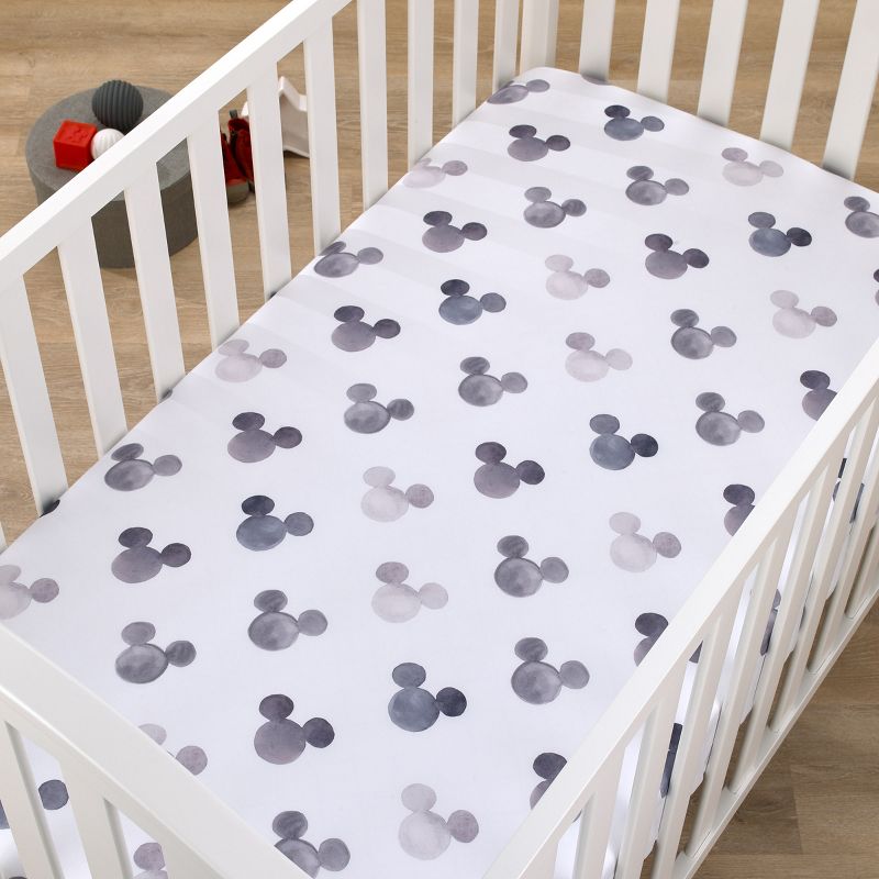Disney Mickey Mouse - Black, White and Gray Watercolor Mickey Ears Nursery Fitted Mini Crib Sheet, 2 of 7