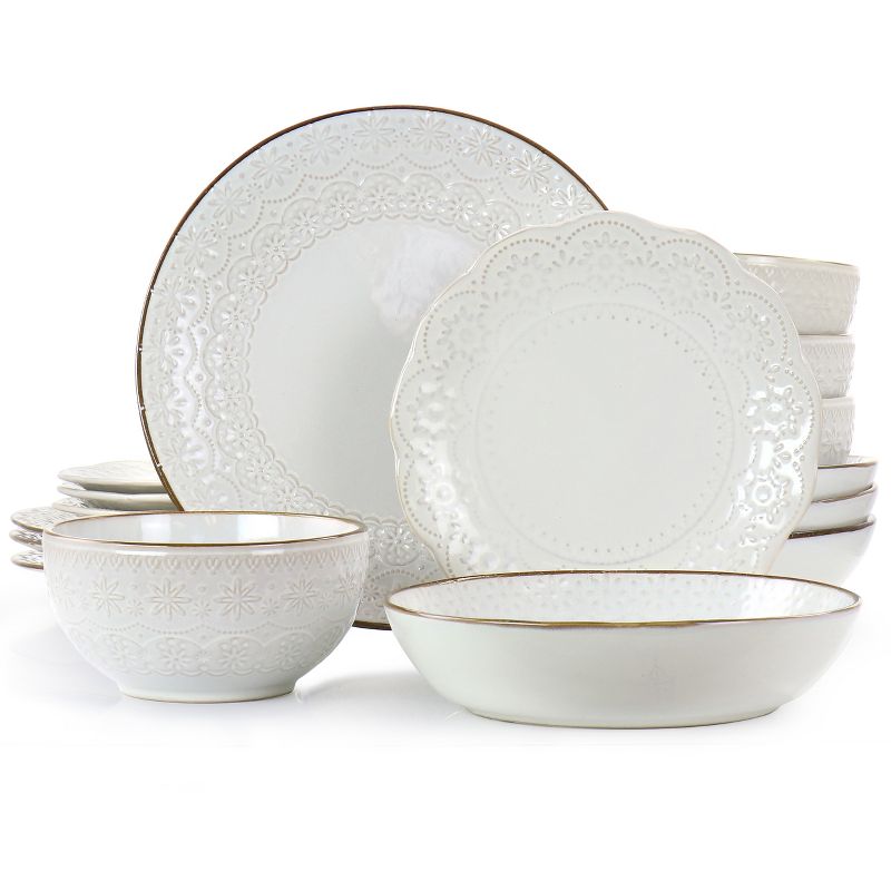 Elama Countess 16 Piece Embossed Double Bowl Stoneware Dinnerware Set in Ivory, 2 of 11