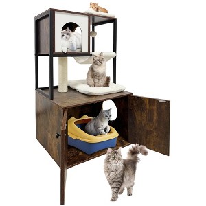 Cat Tree with Litter Box Enclosure Furniture Corner Wooden Cat Tower Dog Proof Litter Box Cabinet - 1 of 4