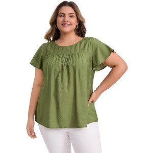 GRACE & GRANDEUR Women's Plus Size Crew Neck Toothpick Pleated Texture Ruffle Short Sleeve Casual Summer Blouses - 1 of 4