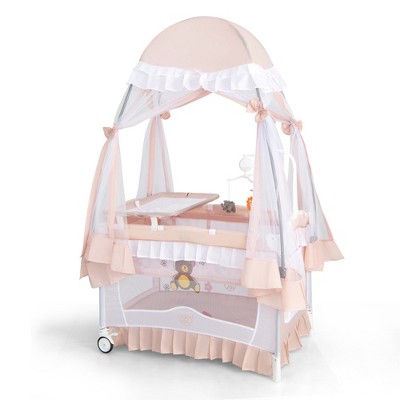 Image of Babyjoy Portable Playpen Crib Cradle Baby Bassinet Changing Pad Mosquito Net with Bag Light Pink