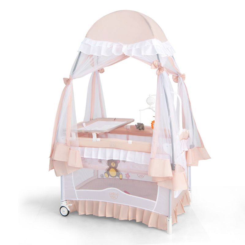 Babyjoy Portable Playpen Crib Cradle Baby Bassinet Changing Pad Mosquito Net with Bag Light Pink/Grey/Pink, 1 of 11