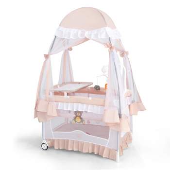 Babyjoy Portable Playpen Crib Cradle Baby Bassinet Changing Pad Mosquito Net with Bag Light Pink/Grey/Pink