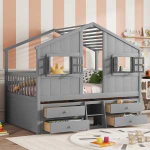 ModernLuxe Full Size House Loft Bed with Roof, Windows, 4 Storage Drawers, Pine Wood Bed Frame with Safety Guardrails & Ladder, White/Gray - 1 of 4