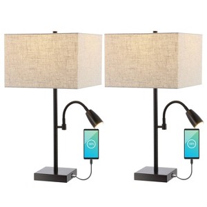 (Set of 2) 25.5" 2-Light Austin Farmhouse Industrial Table Lamp with USB Charging Oil Rubbed Bronze (Includes LED Light Bulb) - JONATHAN Y: - 1 of 4