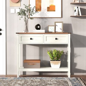 Airsurfer Farmhouse Console Table with 2 Drawers & Bottom Shelf, Rustic Entryway Table with Storage for Living Room or Hallway, Antique White - 1 of 4