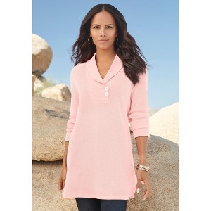 Roaman's Plus Size Knit Thermal Shawl Collar Top – Long Sleeve - 1 of 3