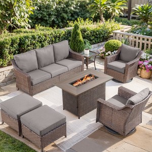 Belord 7PCS Patio Furniture Set with 41" Propane Fire Pit Table, Outdoor Conversation Set with All Weather Brown Wicker Patio Couch and Swivel Chair - 1 of 4