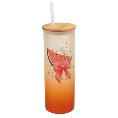 Elanze Designs 25 Ounce Frosted Glass Gradient Travel Tumbler With Straw and Wooden Lid, Watermelon Orange