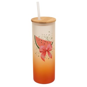 Elanze Designs 25 Ounce Frosted Glass Gradient Travel Tumbler With Straw and Wooden Lid, Watermelon Orange - 1 of 1
