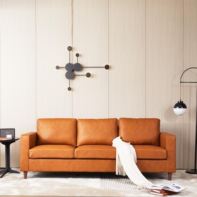 3 Seater Leather Couch, Mid Century Faux Leather Sofa for Living Room Furniture, Pu Leather Lounge Couch