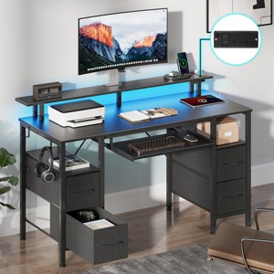 Greenstell Computer Desk with Monitor Shelf, Led Light & Charging Station, Home Office Desk with 4 Storage Drawers & Keyboard Tray - 1 of 4