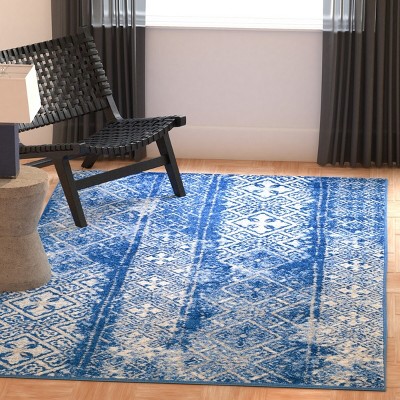 Silver and Blue Synthetic Reversible Runner Rug