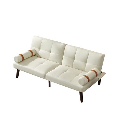 NicBex 65.7 Inch Linen Convertible Sofa Bed Futon with 2 Rolled Accent Pillows for Living Room,Office,Apartment,Small Space,White