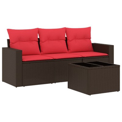 vidaXL 4 Piece Patio Sofa Set with Cushions - Brown and Red With Table