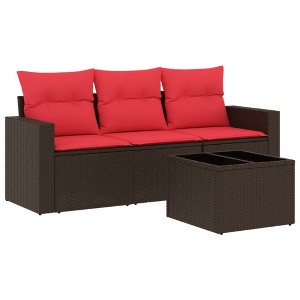 vidaXL 4 Piece Patio Sofa Set with Cushions - Brown and Red With Table - 1 of 4