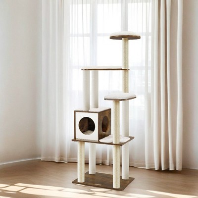 Feandrea Cat Tree Tower - 33.8" Modern Cat Condo With 3 Perches, Scratching Post, Cave & Washable Cushions (Heather Greige)
