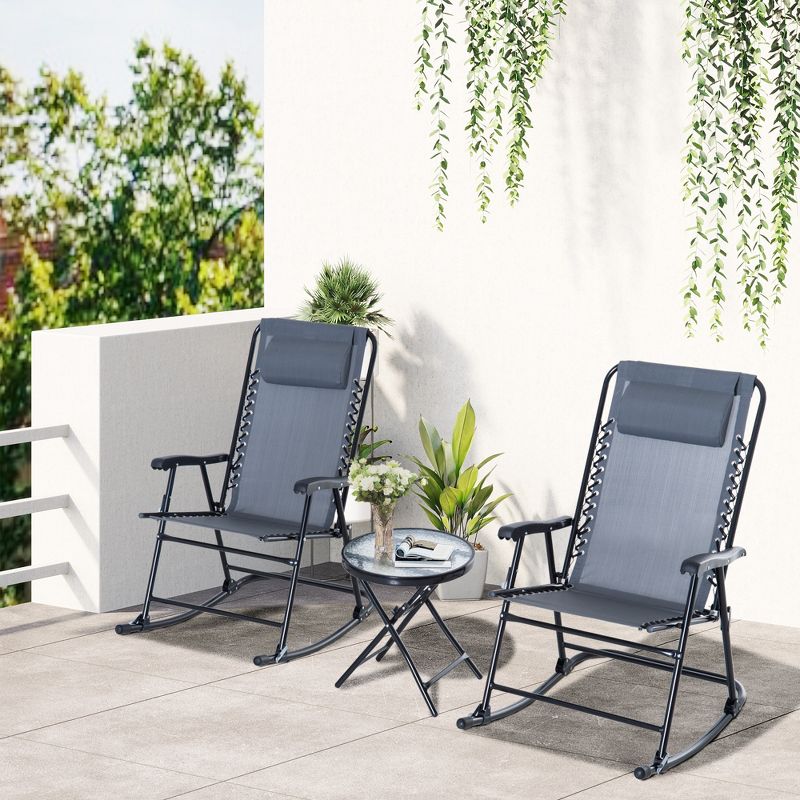 Outsunny 3 Piece Outdoor Rocking Bistro Set, Patio Folding Chair Table Set with Glass Coffee Table for Yard, Patio, Deck, Backyard, 3 of 9