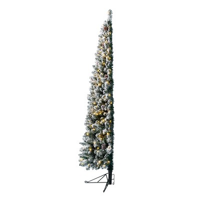 Evergreen Classics 7 Foot Pre Lit Flocked Pine Corner Artificial Christmas Tree with White Warm LED Lights and Pre Decorated Pinecones