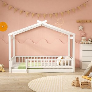 CAVINAS Twin Size Bed Frame, Wood Bed House Bed Frame with Fence, House-Shaped Floor Bed for Kids, Teens, Girls, Boys, Floor Platform Bed - 1 of 4