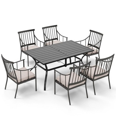 Captiva Designs 7pc Patio Dining Set with Slat-top Rectangle Table & Stylish Fixed Arm Chairs