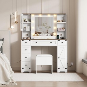 Makeup Vanity and Stool, Vanity Desk with Lights in 3 Colors, White Vanity Table with Charging Station, 6 Drawers and Cabinets - 1 of 4
