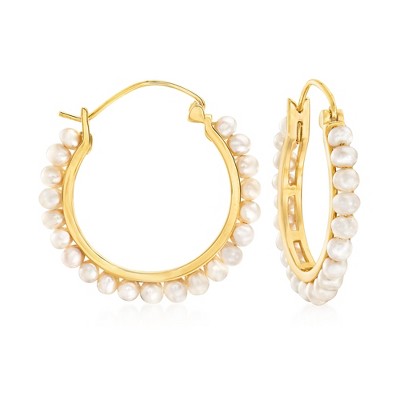 Ross-Simons 3-3.5mm Cultured Pearl Hoop Earrings in 18kt Gold Over Sterling