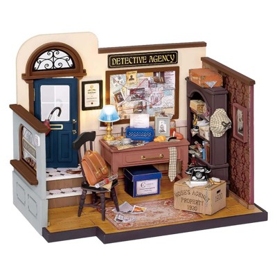 ROBOTIME Mose's Detective Agency Dollhouse Kit Miniature DIY House Kit Birthday Gifts for Boys & Girls, Brown, 7.9"*5.4"*8.7"