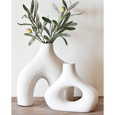 Donut Vase, Set of 2 - White Large Ceramic Vase - Minimalist Nordic, Hollow | Table Centerpiece, Olive Plant, Living Room, Bookshelf, Modern Home