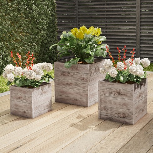 3-piece Square Planter Set - Rustic Wood-look Fiber Clay Pots With Drainage Holes For And Flowers By Pure Garden (light Gray) : Target