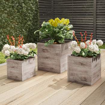 Pure Garden 3-Piece Square Planter Set - Fiber Clay Pots with Drainage Holes for Herbs, Plants, and Flowers