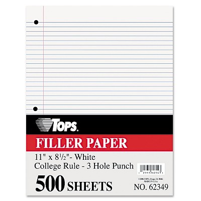 Tops Filler Paper 3H 16 lb 8 1/2 x 11 College Rule White 500 Sheets/Pack 62349