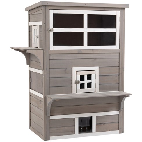 Friday discount 2-Story Wooden Cat House Outdoor Indoor Weatherproof Kitty Shelter Condo with Escape Door and Removable Floor 