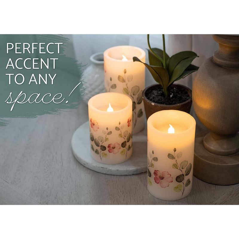 Elanze Designs Floral Pink and Green 6 inch Wax LED Flameless Pillar Candles Set of 3, 5 of 6