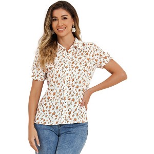 INSPIRE CHIC Women's Peter Pan Frilled Short Sleeve Floral Cotton Top - 1 of 4