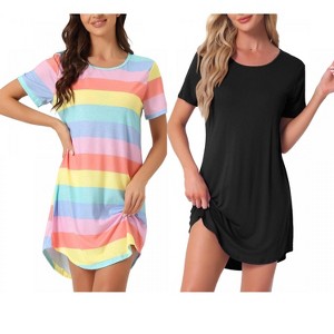 INSPIRE CHIC Women's 2 Pcs Curved-Hem Crew-Neck Striped Short-Sleeve Tee Dress Sleepshirt - 1 of 4