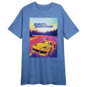 The Fast & The Furious Yellow Sports Car Crew Neck Short Sleeve Blue Heather Women's Night Shirt