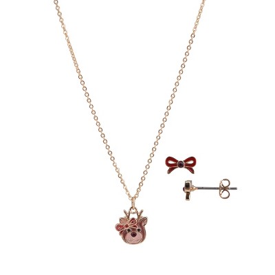 FAO Schwarz Gold Tone Reindeer with Bow Necklace and Earring Set