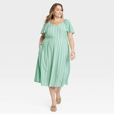 Women's Flutter Short Sleeve Midi A-Line Dress - Ava & Viv™ Green Striped  XXL